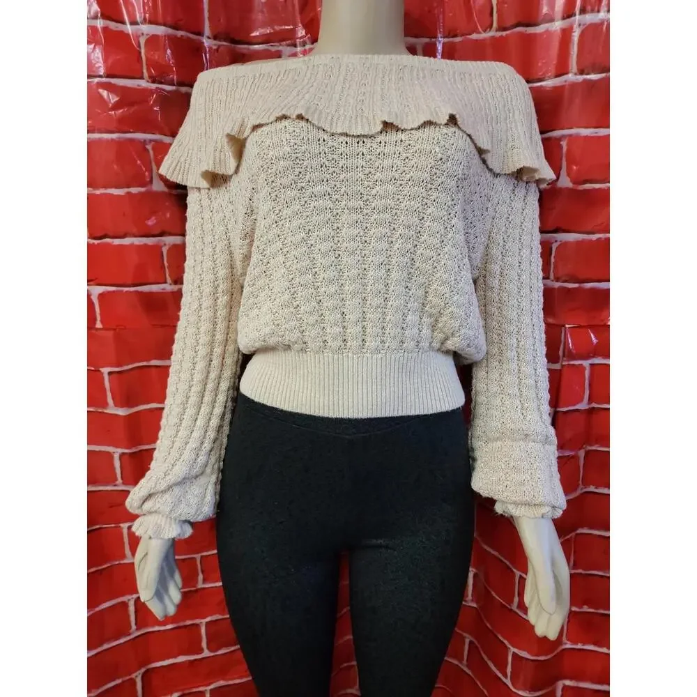 Cream Free People Meyer Lemon Balloon Sleeve Ruffle Pullover Sweater Size M #F - Picture 3 of 8